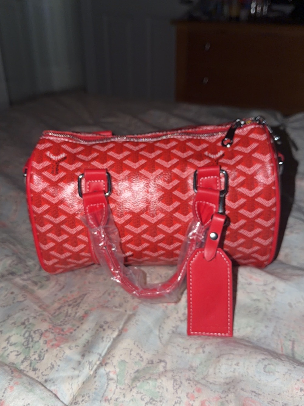 Red Patterned Barrel Crossbody Bag